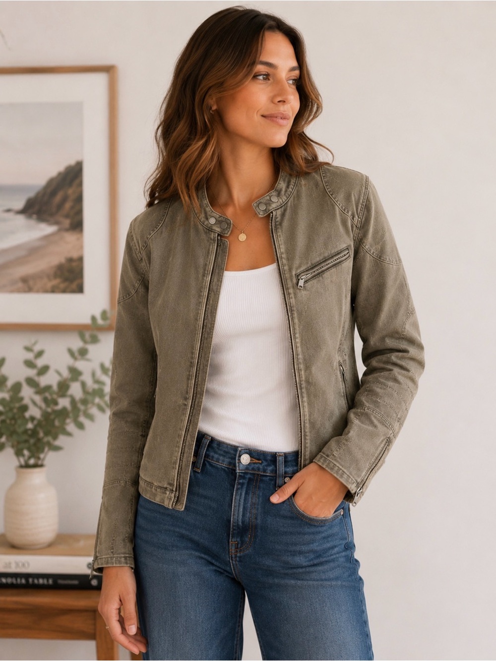 Lauren Ralph Lauren Moto Denim Jacket 14W Brown Gray Stretch Plus Size